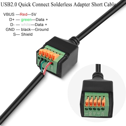 Quick Connect USB Solderless Adapter Short Cable Male to 5Pin Crimp Terminal Connector Spring Terminal Breakout Board Plug, 480Mbps 5V2A, for