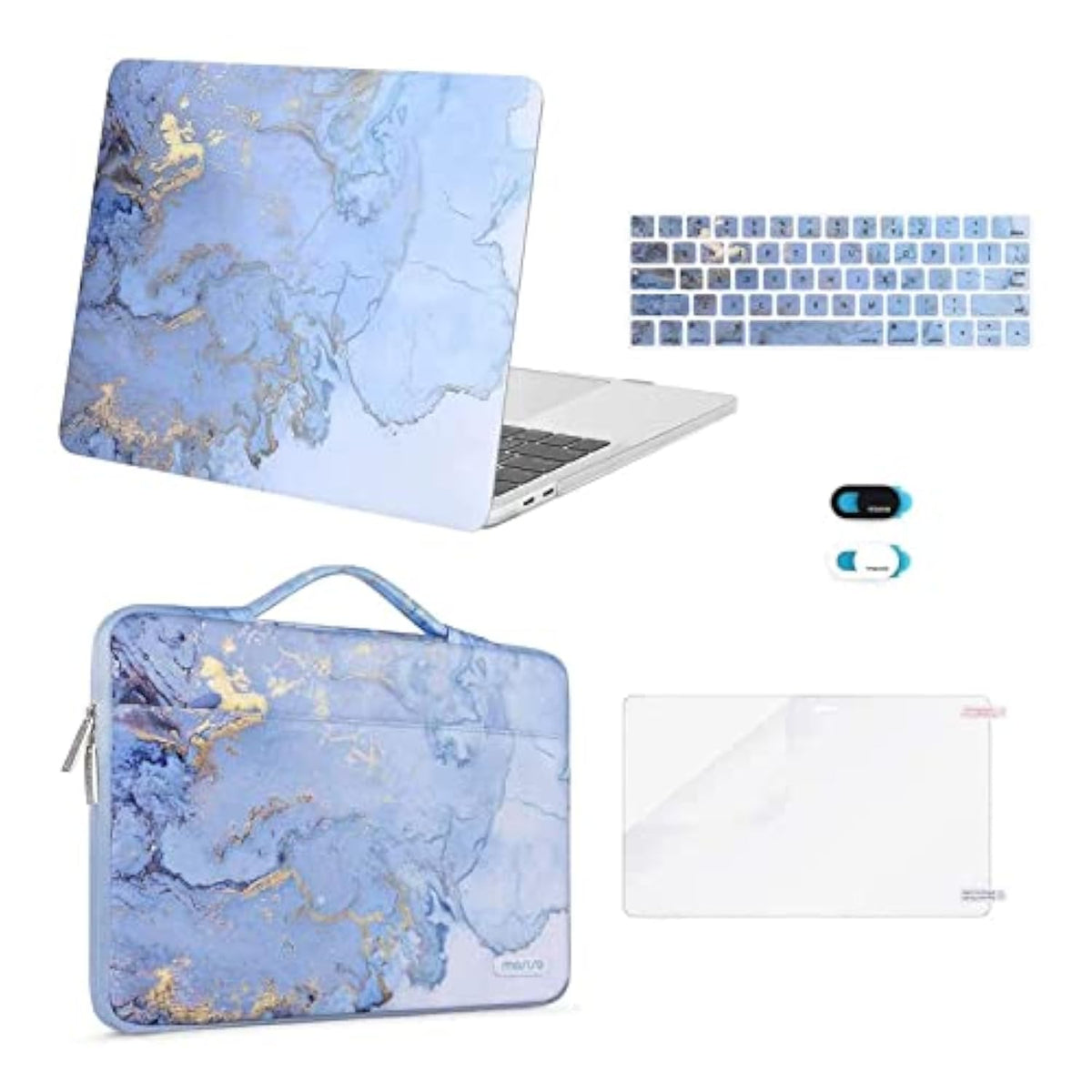 MOSISO Compatible with MacBook Pro 13 inch Case 2025-2016 M2 M1 A2338 A2251 A2289 A2159 A1989 A1708 A1706, Plastic Watercolor Marble Hard Case&Bag&Keyboard Skin&Webcam Cover&Screen Protector, Blue