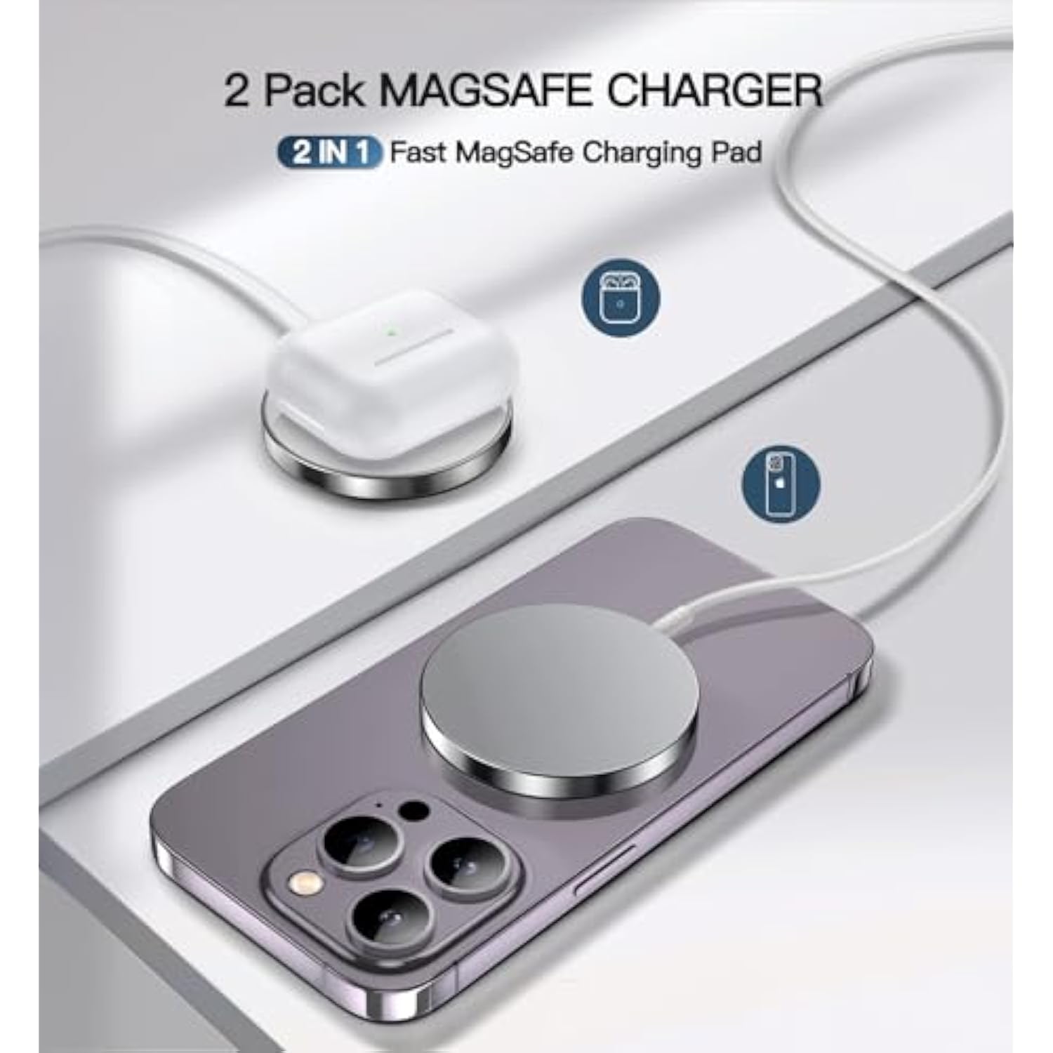 2-Pack 15W Magnetic Wireless Charger with 5ft Cable for iPhone and AirPods