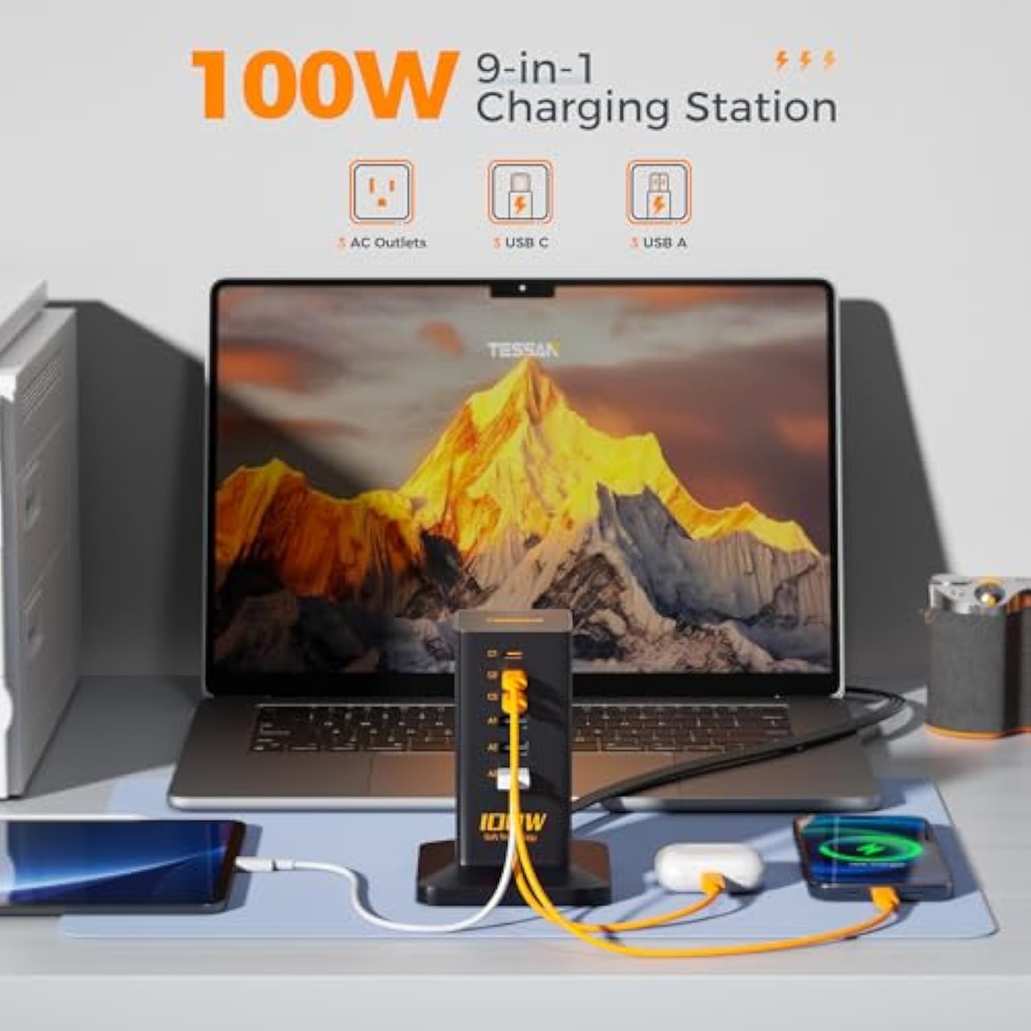 Charging Station Pd 100W, 9-In-1 Usb C Power Strip For Iphone 16/15, Macbook, Tablet, Desktop Phone Fast Charger With 3 Ac, 3 Usb-A Ports, Home Drom Office Accessories
