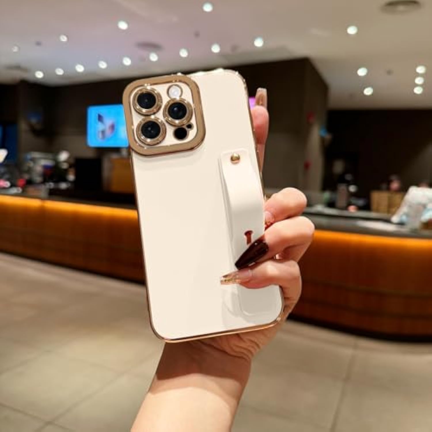 For Iphone 16 Pro Case Cute, Luxury Gold Plated For Women Girls Elegant Tpu Bumper Cover With Wrist Strap Kickstand Camera Protection Shockproof Silicone Phone Case For Iphone 16 Pro, White