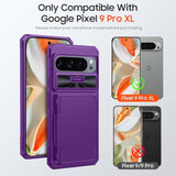 Purple Google Pixel 9 Pro XL Case with Card Holder, Sliding Camera Cover, Kickstand, RFID Blocking, Military Drop Protection, TPU Edge Wallet Case