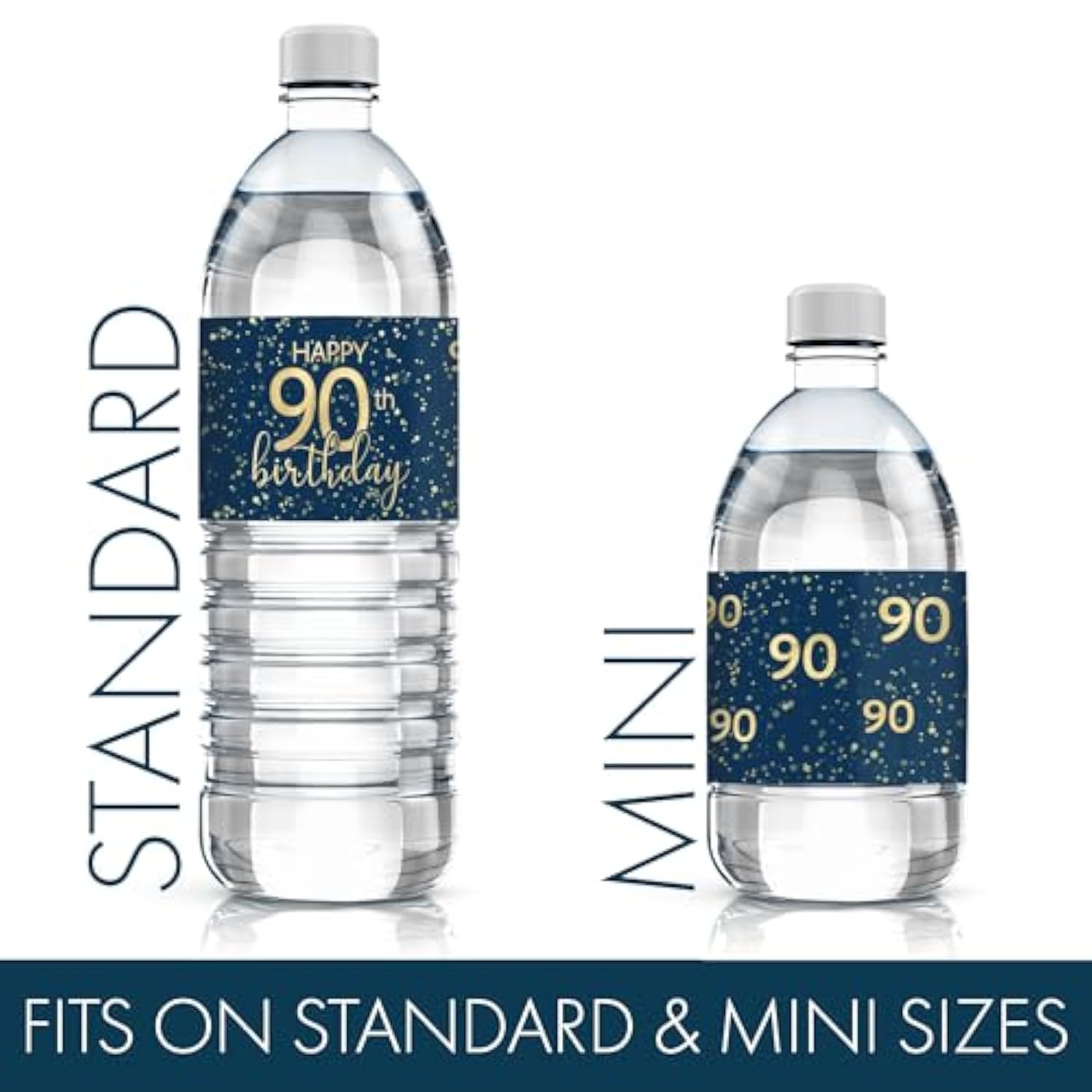 Navy Blue And Gold 90Th Birthday Water Bottle Labels - 20 Waterproof Stickers, 90Th Birthday Party Decorations