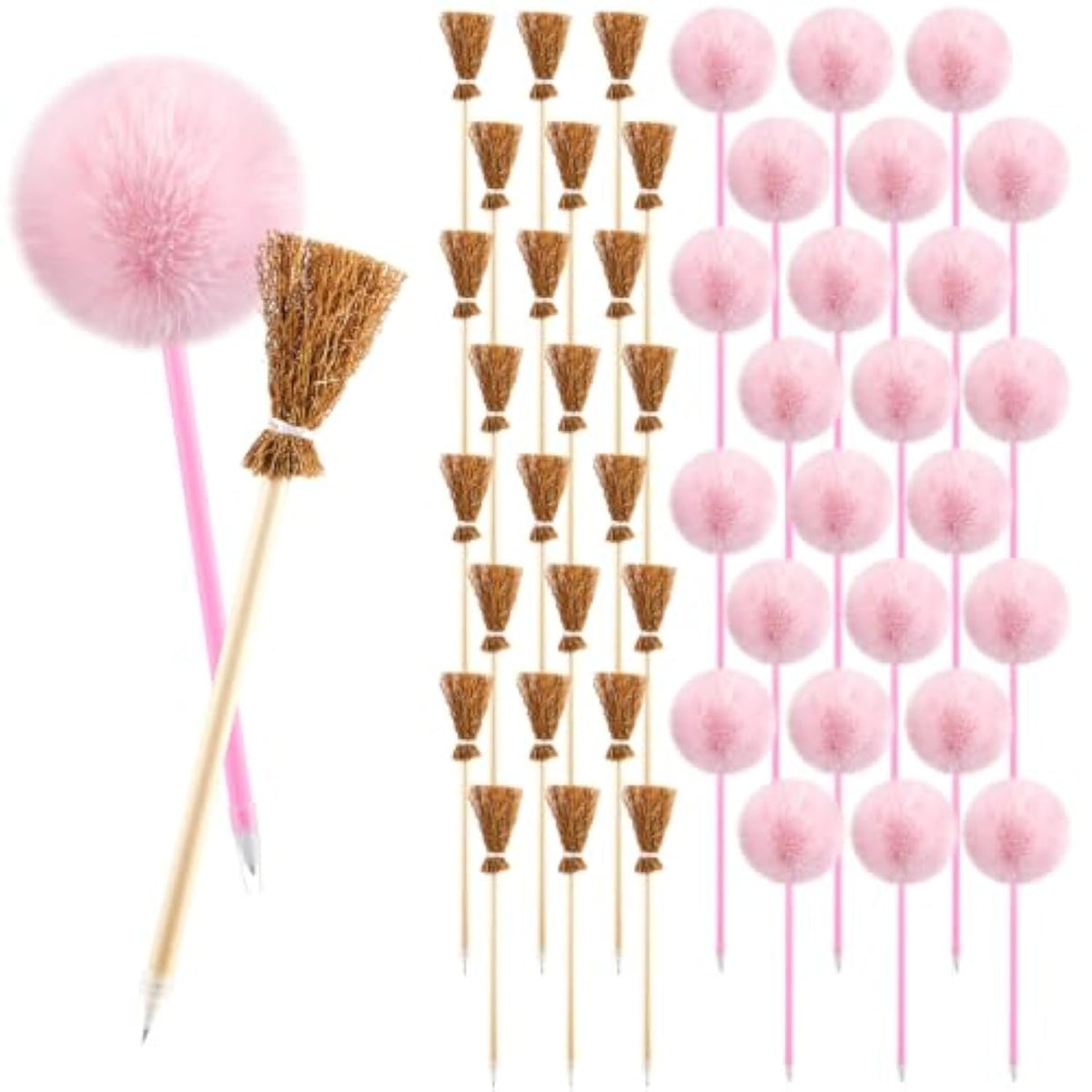 24 Pcs Witch Party Favors Including 12 Witch Broom Pens And 12 Pink Pom Pom Ballpoint Pens Goodie Bags Stuffer Broom Pencils Wands For Wizard Halloween Party Decorations Gifts (Classic)
