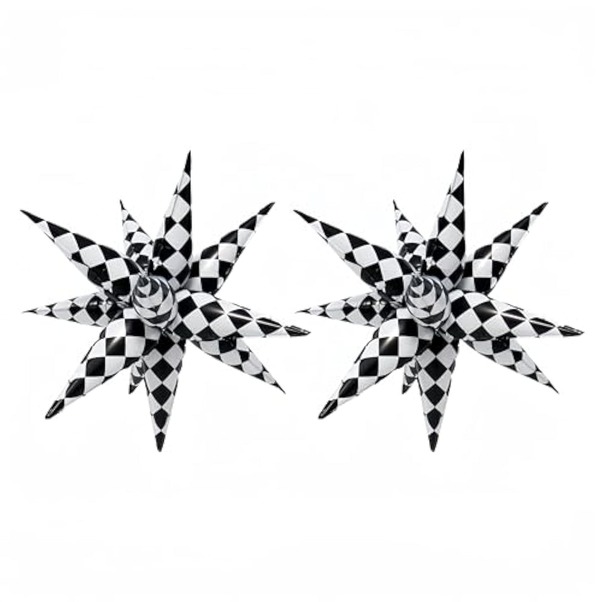 2*12 Pcs Black White Checkered Explosion Pointed Star Foil Balloons/4D Checkered Racing Balloons/Race Car Birthday Party Supplies/Las Vegas Casino Party/Father'S Day Boys Birthday Party (2 Pcs Black)