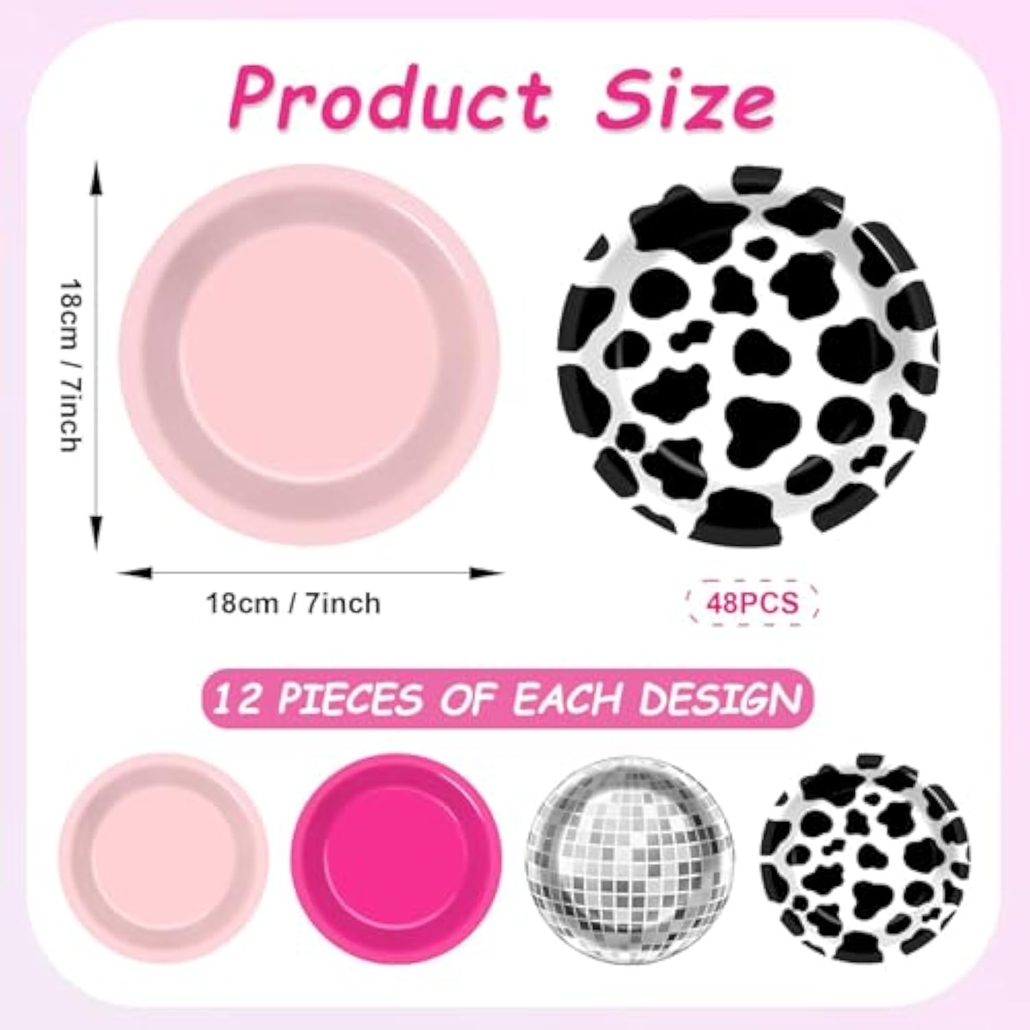 48Pcs Western Cowgirl Party Paper Plates For Cow Print Themed Party Supplies 7" Hot Pink Disco Ball Disposable Dessert Plates For Cowgirl Birthday Bachelorette 80S 90S Disco Shower Party Decorations