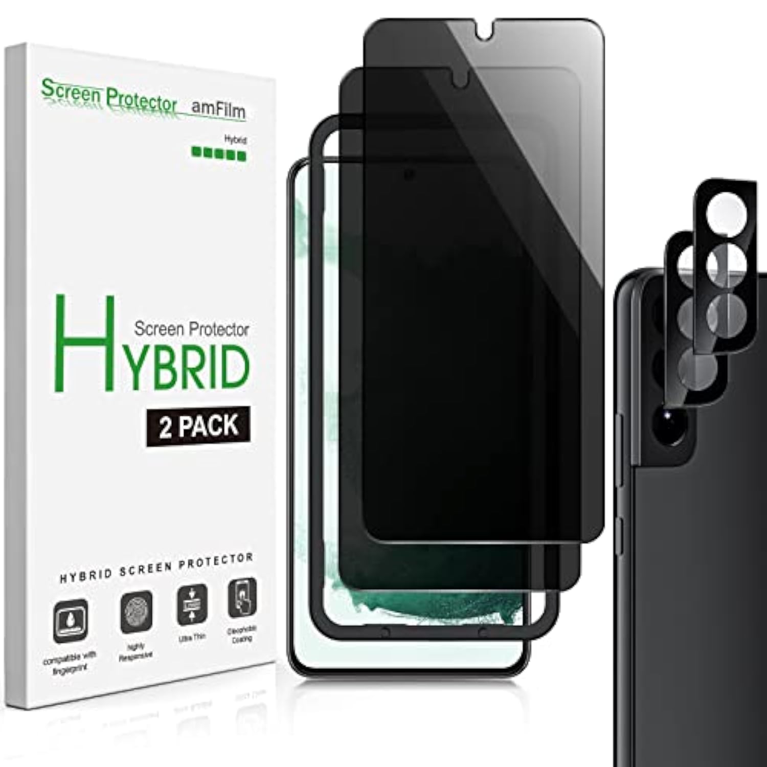 amFilm Privacy Screen Protector Samsung Galaxy S22 5g 6.1 inch with 2 Pack Camera Lens Protector, Anti Spy, Fingerprint ID Compatible, Easy to Installation, Hybird, 2+2 Pack