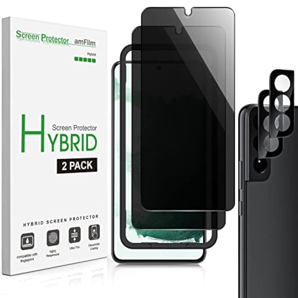amFilm Privacy Screen Protector Samsung Galaxy S22 5g 6.1 inch with 2 Pack Camera Lens Protector, Anti Spy, Fingerprint ID Compatible, Easy to Installation, Hybird, 2+2 Pack