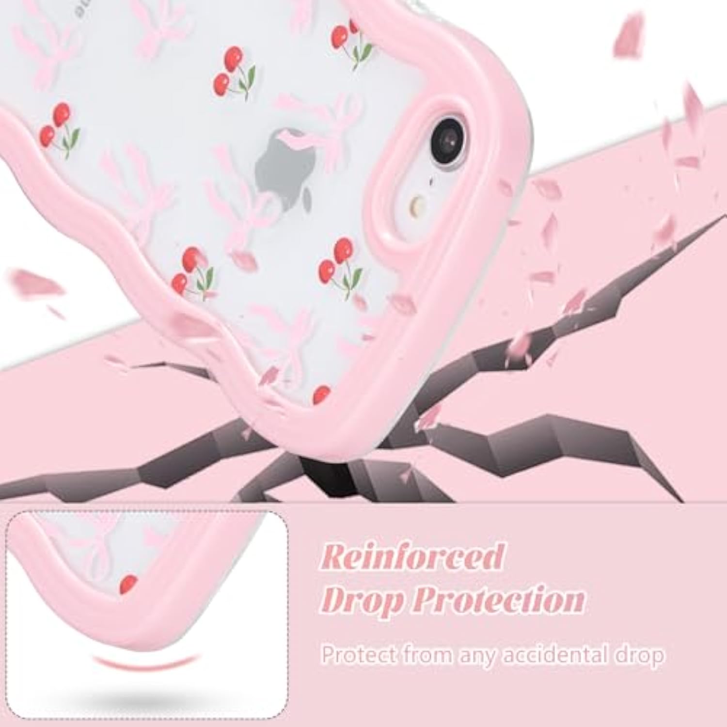 For Iphone 7/8/Se Case 4.7 Inch,Cute Curly Wave Frame Shape Case With Cherry Ribbon Bow Pattern, Clear Slim Shockproof Hard Pc Bumper Phone Cover For Women Girls, Peach Pink