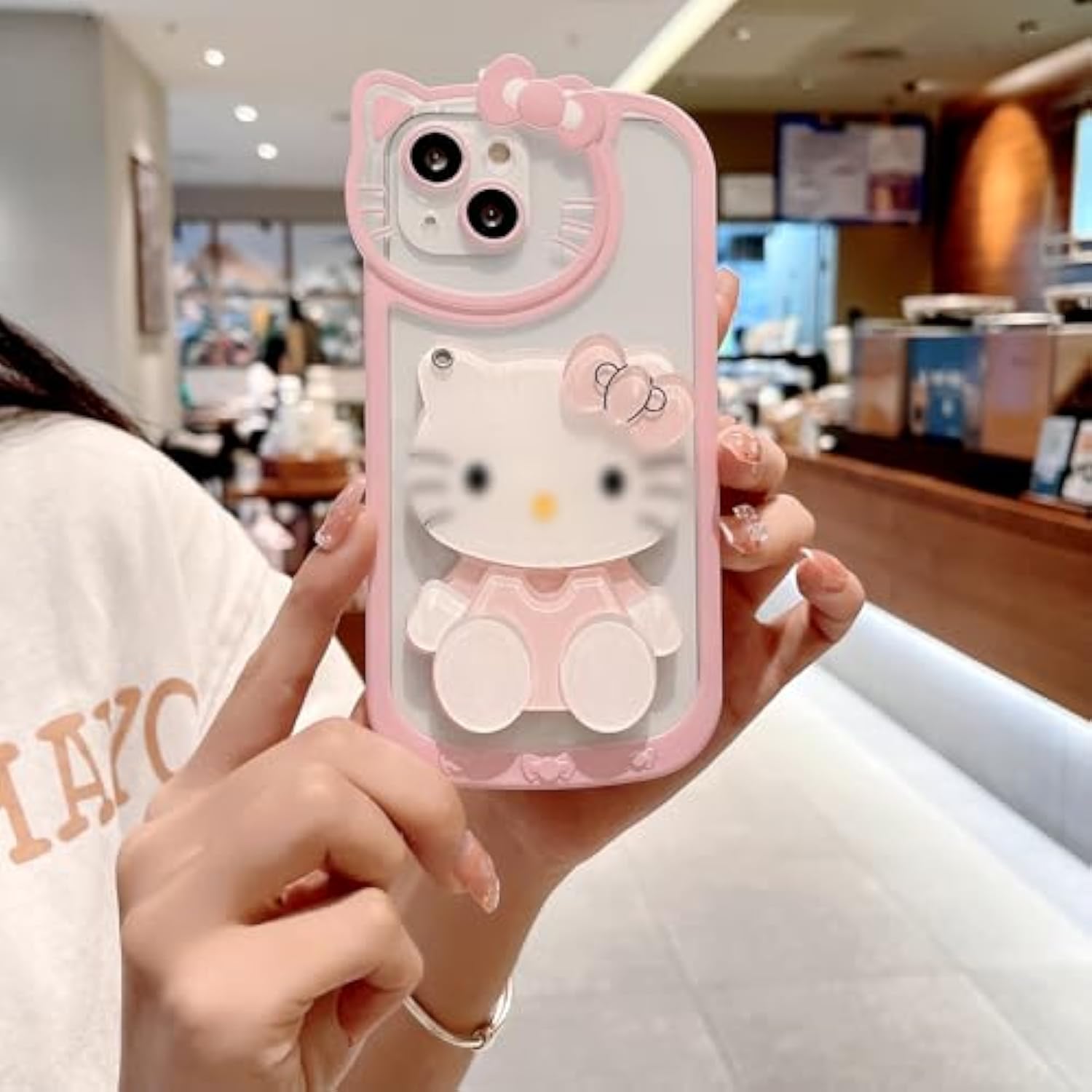 For Iphone Xr Cute Cartoon Case,Women Girls Kids 3D Bow Kawaii Pink Cartoon Face Makeup Mirror Soft Tpu Clear Protective Phone Cover 6.1Inch