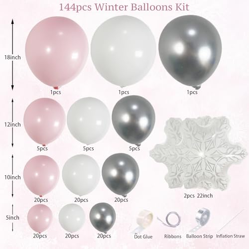 144PCS Pink Winter Balloon Arch Garland Kit with White Silver Snowflake Star Balloons for Winter Wonderland Girl Baby Shower, Baby Its Cold Outside Party, Christmas Decorations