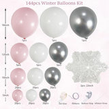 144PCS Pink Winter Balloon Arch Garland Kit with White Silver Snowflake Star Balloons for Winter Wonderland Girl Baby Shower, Baby Its Cold Outside Party, Christmas Decorations