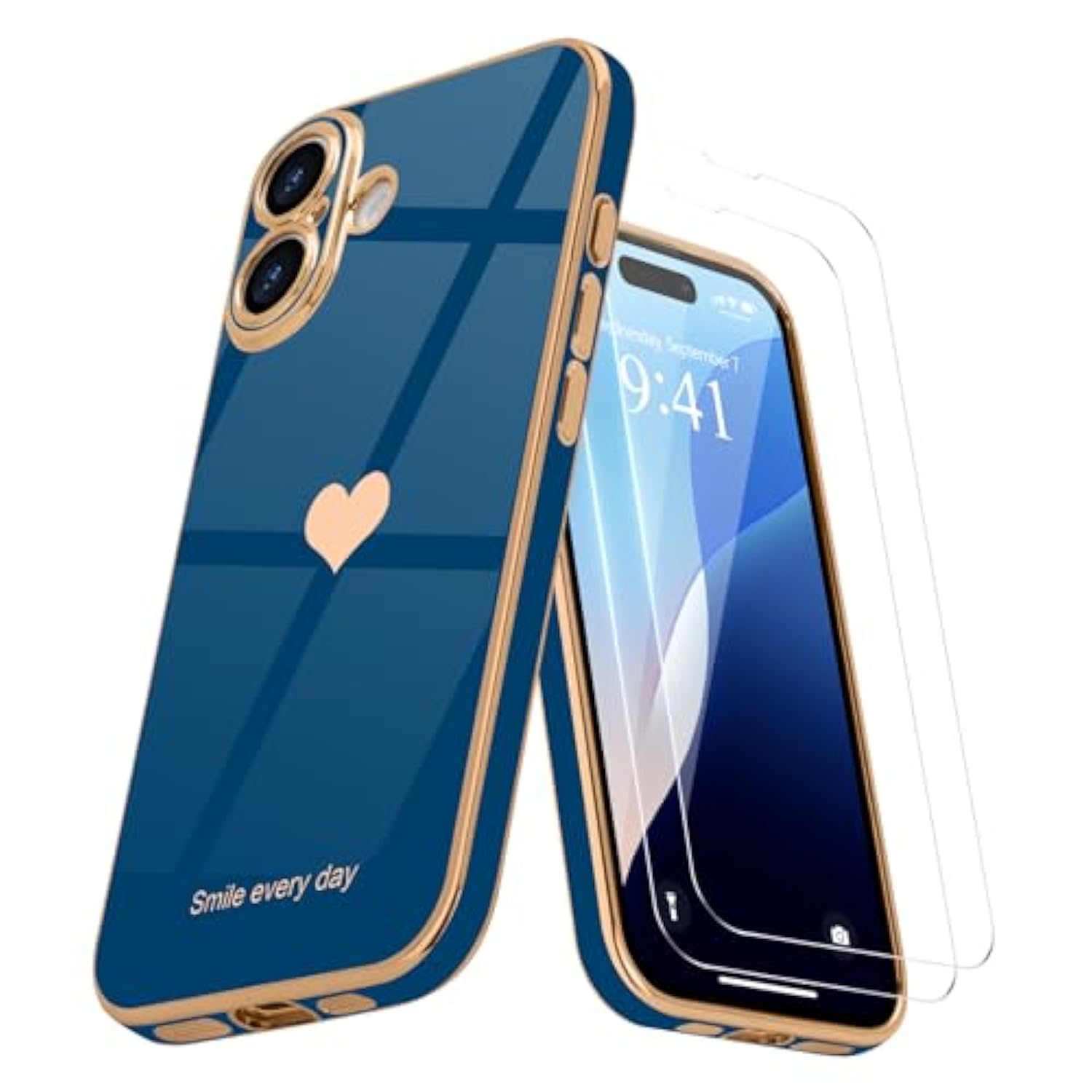 iPhone 16 Case with Screen Protector [2 Pack], Cute Love-Heart Gold Shockproof Case