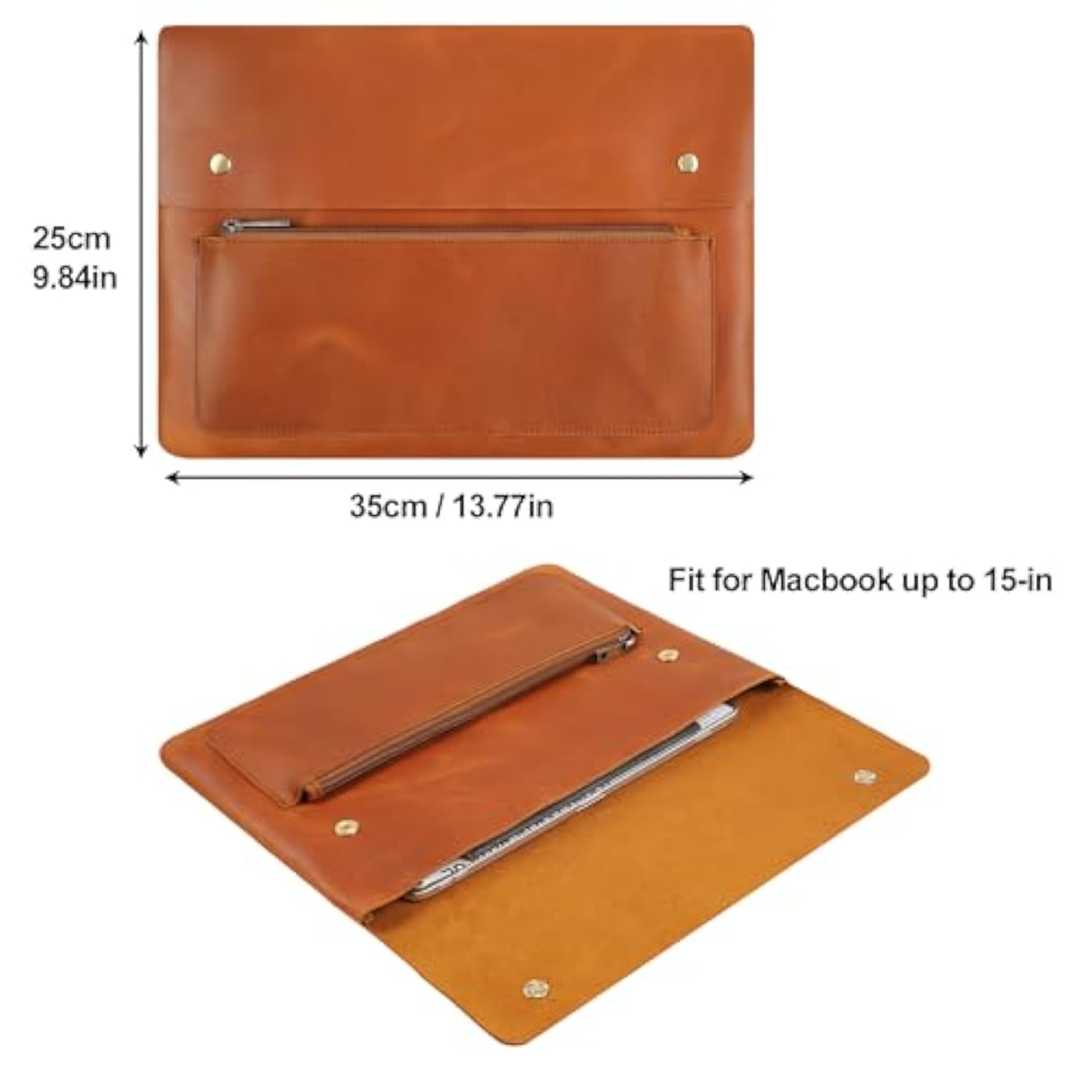 Genuine Leather Sleeve For 13/14/15-In Macbook Pro & Macbook Air, Slim Protective Laptop Case, Folio Document Organizer Leather Folder Portfolio-Brown