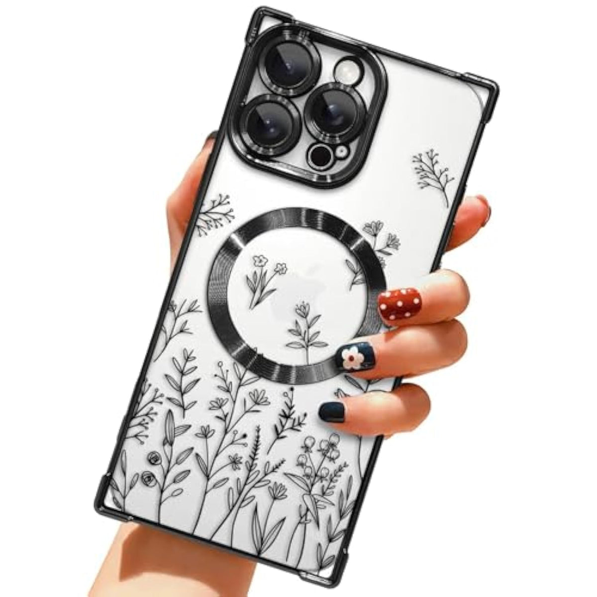 Case For Iphone 16 Pro Max [Compatible With Magsafe] Flower Pattern Design Soft Tpu Anti-Drop Shockproof Protective Slim Luxury Floral Plating Clear Cover - Black