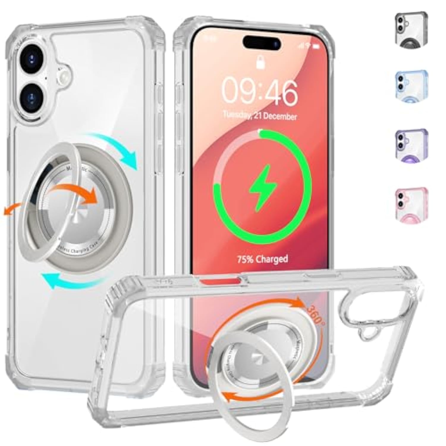 Clear Case For Iphone 16 Case With Magnetic 360 Rotatable Ring Stand [ Compatible With Magsafe ], Military Grade Heavy Duty Cover With Ring Kickstand For Women Men, Transparent