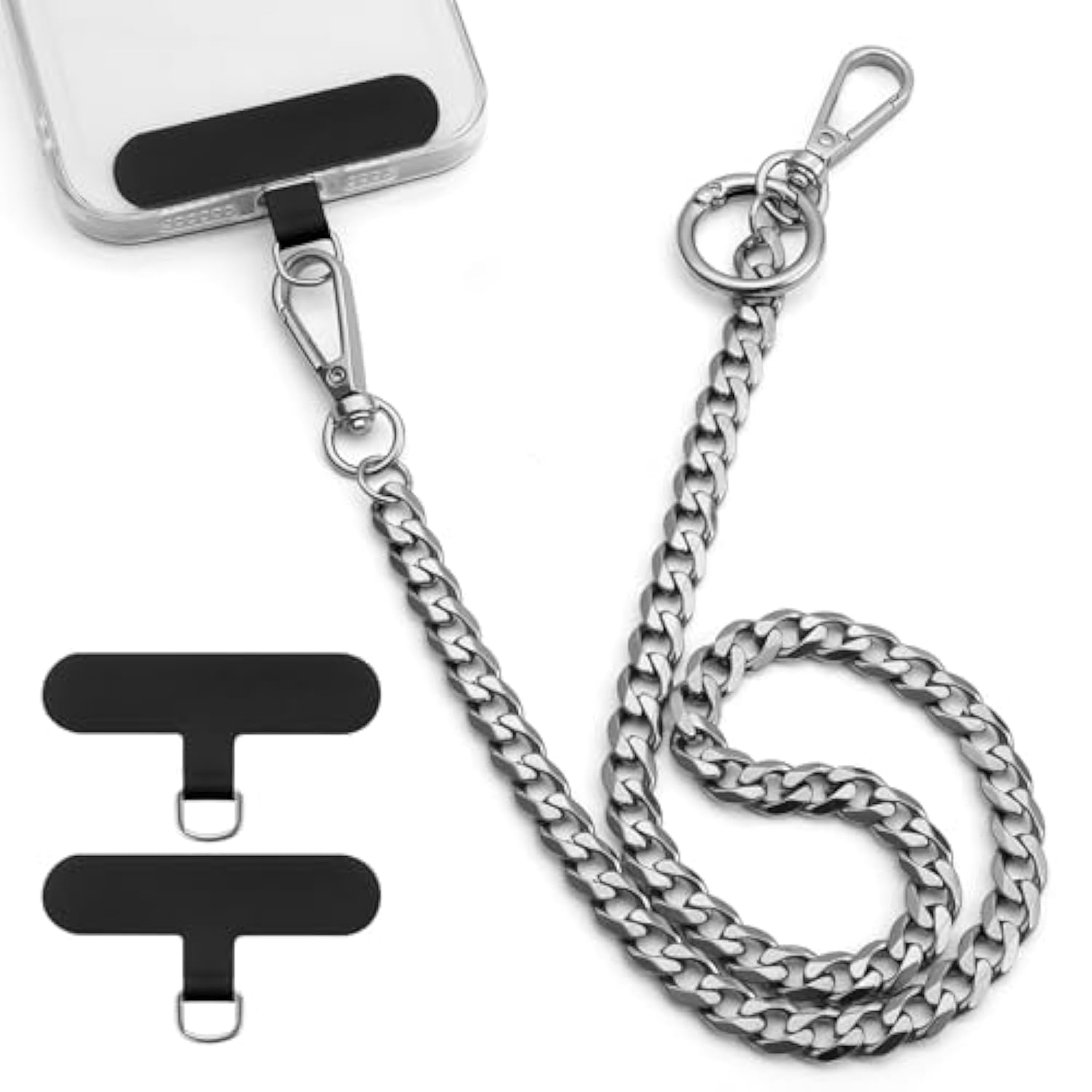 Anti Theft Phone Lanyard Belt, 19.6" Heavy Duty Metal Chain With 2 Pack Phone Patch For All Smartphones, Pants Chain For Wallets, Keys