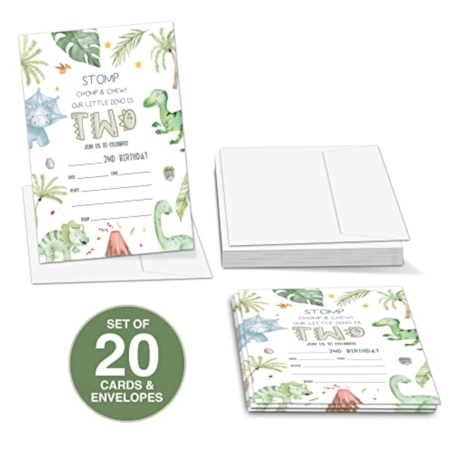 2Nd Birthday Party Invitations For Boys Or Girls, Dinosaur Theme Birthday Parties Supplies Decorations, Tropical Dino Theme Fill-In Invites, 4" X 6" Double-Sided Cards(20 Invitations And