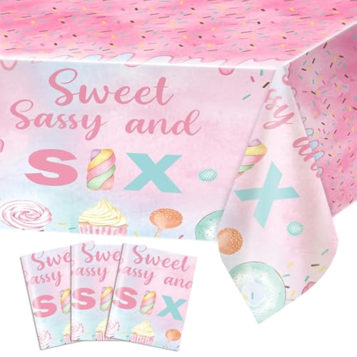 Donut 6Th Birthday Tablecloth, 3-Pack 108X54 Inch Plastic Table Covers With Sweet Sassy And Six Design, Perfect For Birthday Parties And Celebrations