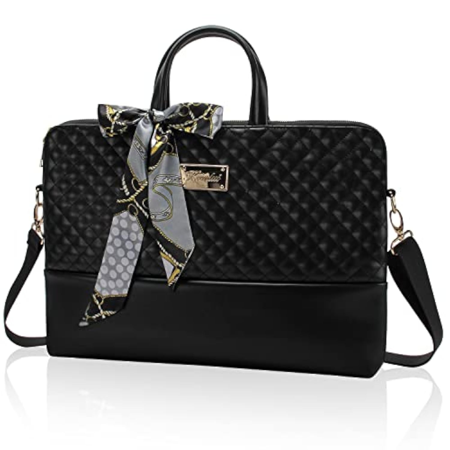 Quilted Laptop Bag For Women, Fits Up To 15.6-Inch Laptops, Pu Leather, Professional Business Briefcase With Shoulder Strap, Black