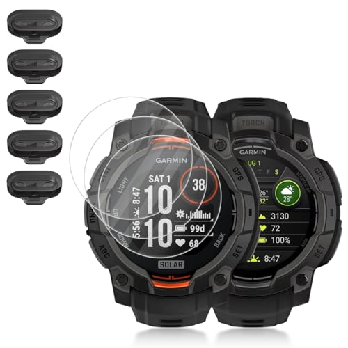 (3+5) Compatible for Garmin Instinct 3 Solar 45mm/AMOLED 45mm, 3 Pack Watch Screen Protector + 5 Pack Black Dust Plug, Tempered Glass Anti-Scratch