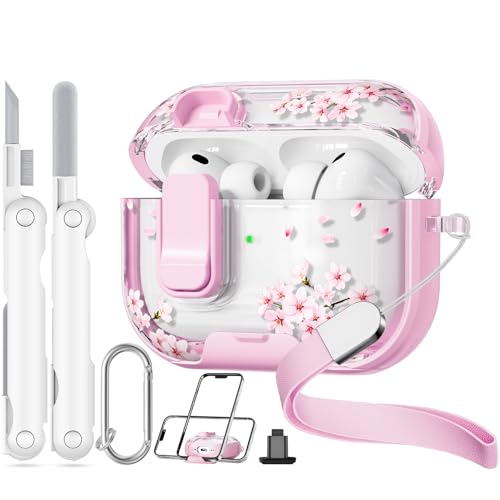 with Safety Lock for AirPods Pro 3 Case 2025,Clear Floral Cute Airpods Pro 3rd Generation Case with Phone Stand & Cleaner Kit for  AirPods Pro 3