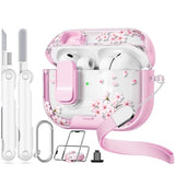 with Safety Lock for AirPods Pro 3 Case 2025,Clear Floral Cute Airpods Pro 3rd Generation Case with Phone Stand & Cleaner Kit for  AirPods Pro 3