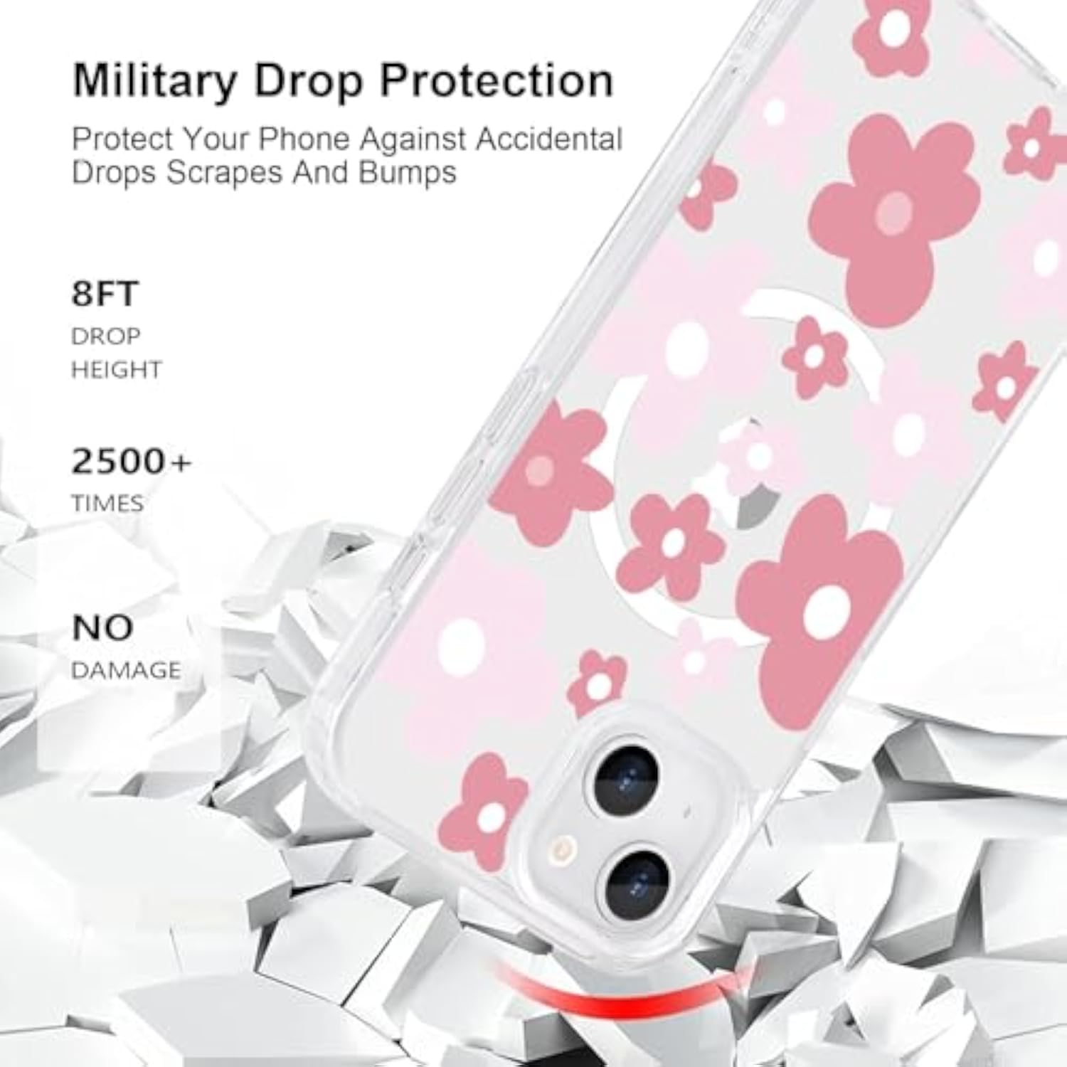 Clear Pink Floral Magnetic Case for iPhone 15
