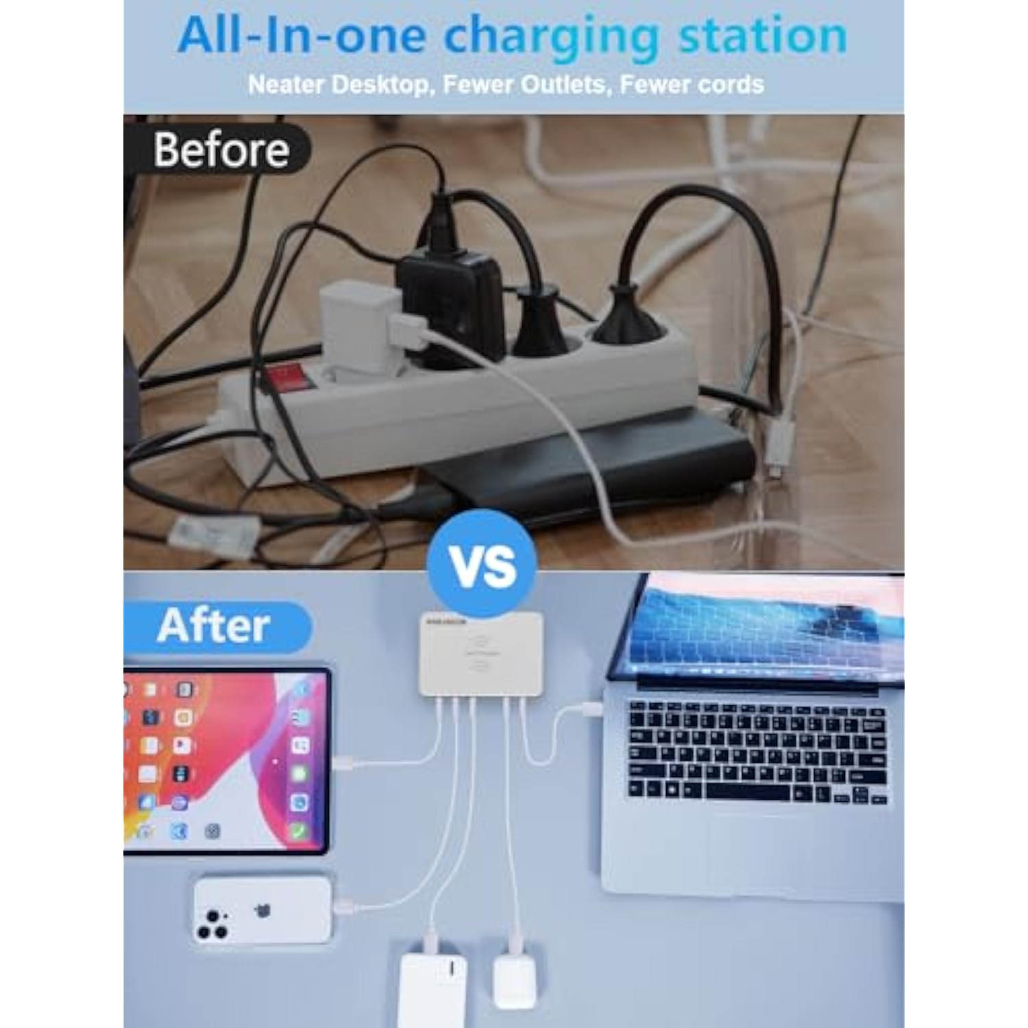 100W Usb Charging Station 6-Port With Wireless Charger, 5 Usb-A & 1 Usb-C Multi Device Charger Hub For Iphone Samsung Phones Tablets,Qi Charging Pad