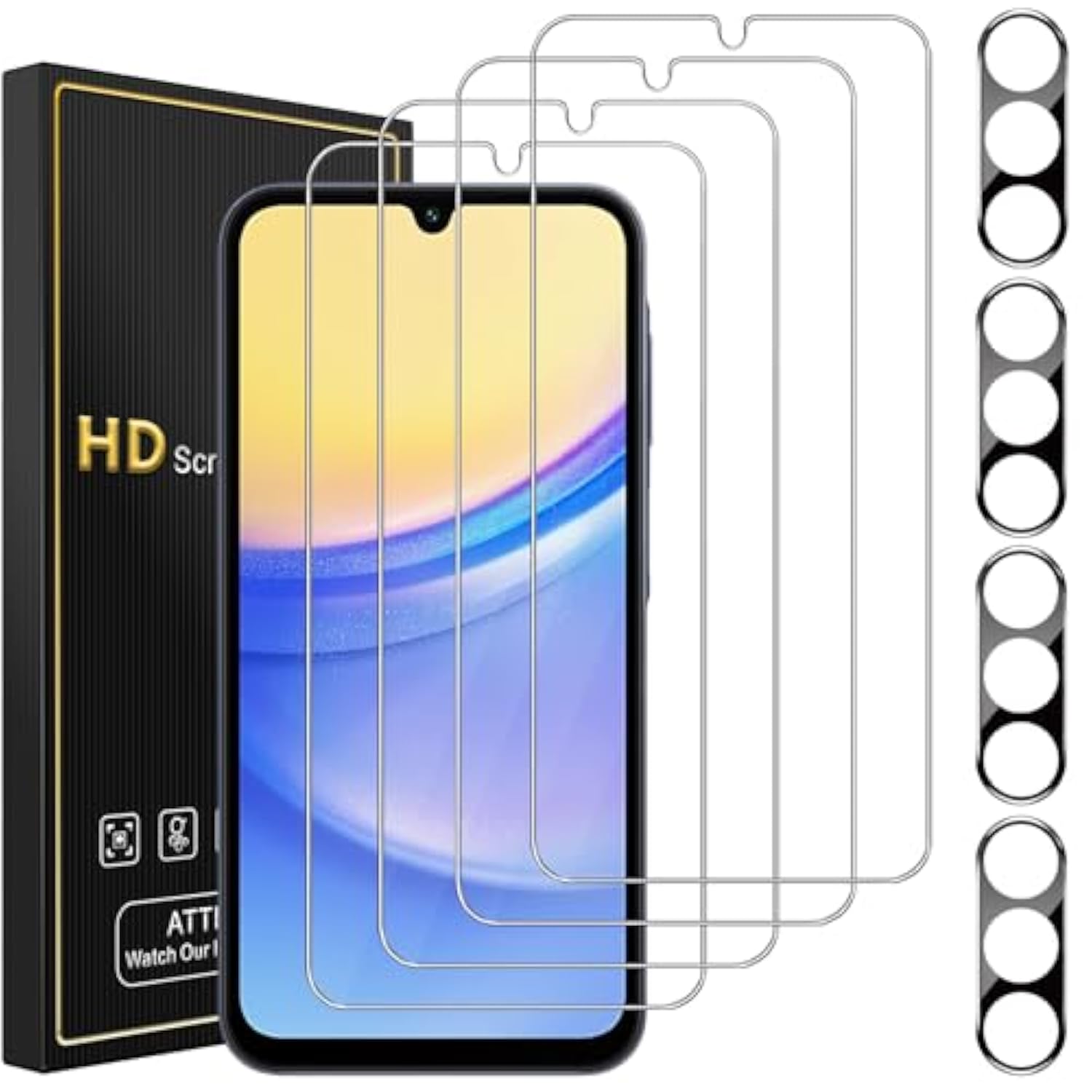 4 Pack Screen Protector For Samsung Galaxy A15 5G With 4 Pack Camera Lens Protector, Full Coverage Tempered Glass Film Anti-Fingerprint Case Friendly