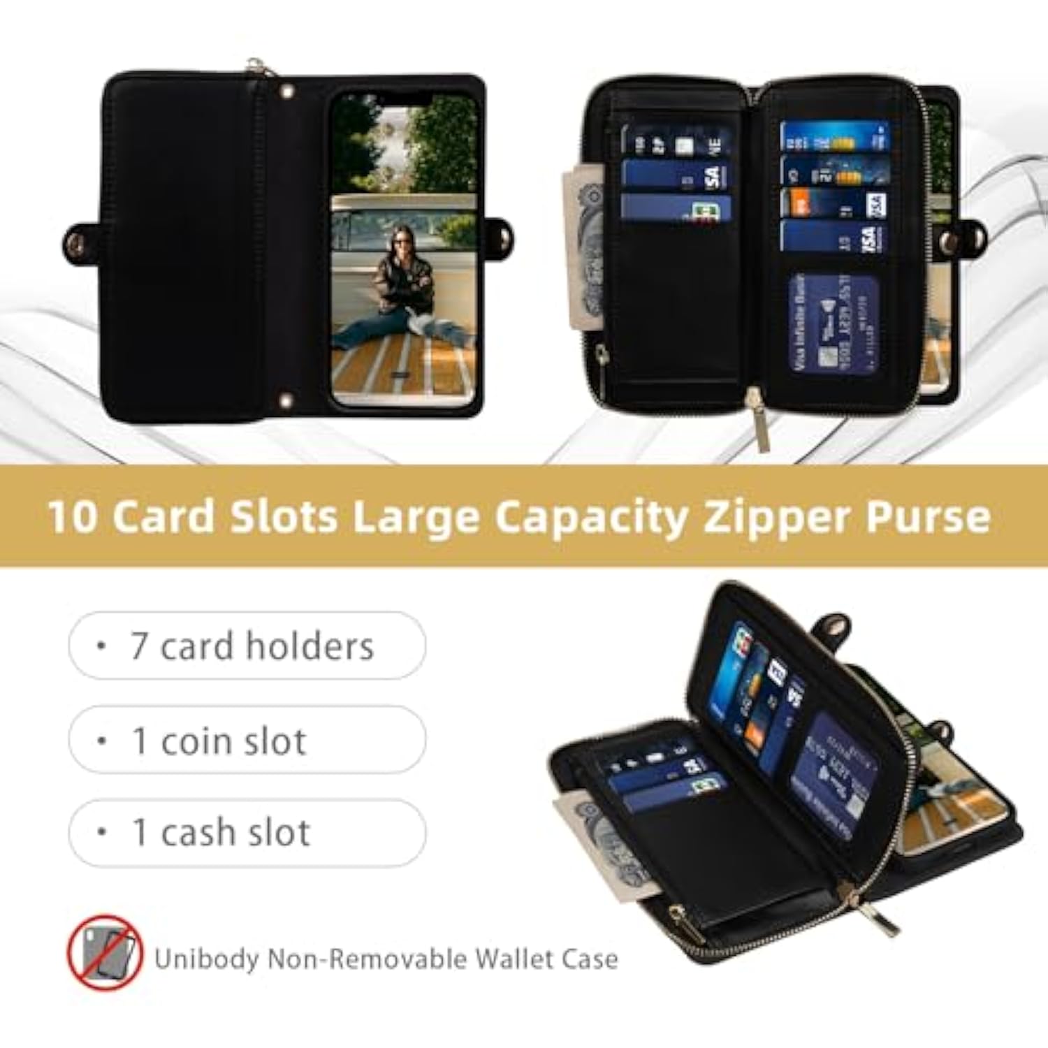 Crossbody Case For Iphone 16E 2025 Case Wallet, Rfid Blocking Leather Case With Card Holder Kickstand, Handbag Zipper Flip Cover With Wrist Strap For Iphone 16E Men Women 6.1", Black