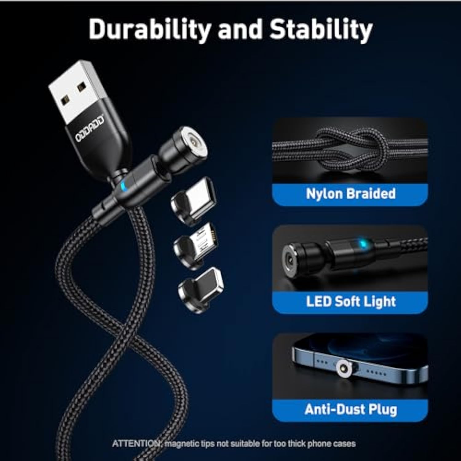 Magnetic Charging Cable 5-Pack (1.6/3.3/3.3/6.6/6.6Ft), 540° Rotating Magnetic