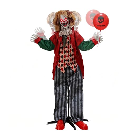 5.3FT Halloween Animatronics Clown Decorations, Sound Activated Standing Animated Clown with Lighted Eyes, Clown Holding Balloon for Indoor Outdoor Haunted House Party Prop Yard Decor