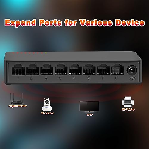 8 Ports Gigabit Ethernet Switch Unmanaged, Network Switch Supported Desktop Or Wall Mount,1000Mbps Ethernet Splitterplug & Play|Fanless Design|Shielded Ports|Traffic Optimization