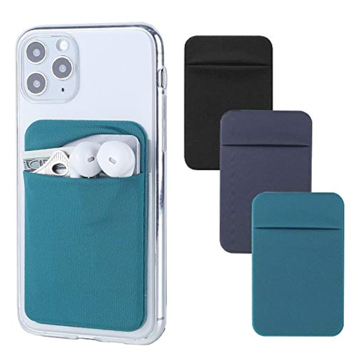 3-Pack Stretchy Stick-On Phone Wallet, Adhesive Card Holder - Green, Blue, Black
