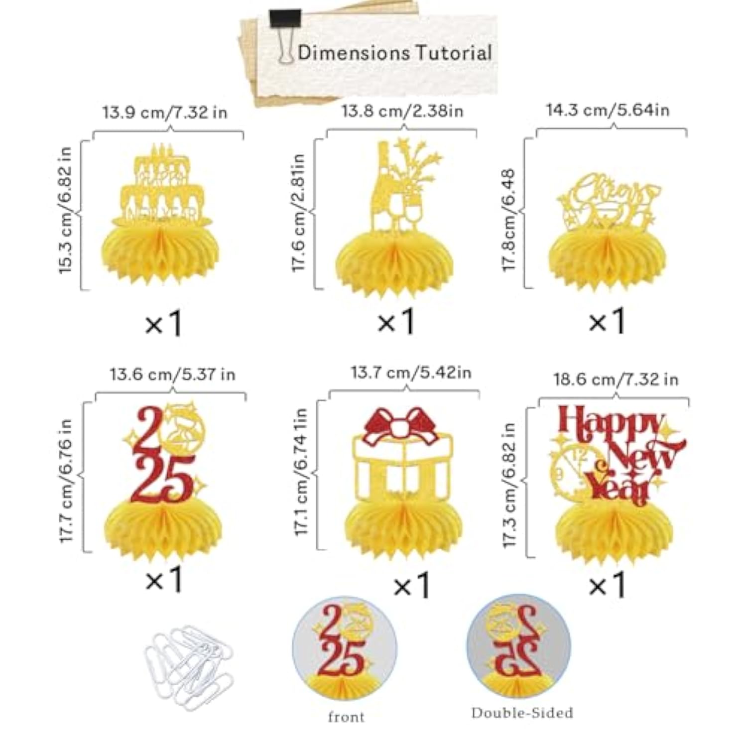 6pcs 2025 Happy New Year Centerpiece Honeycomb Gold Red Glitter