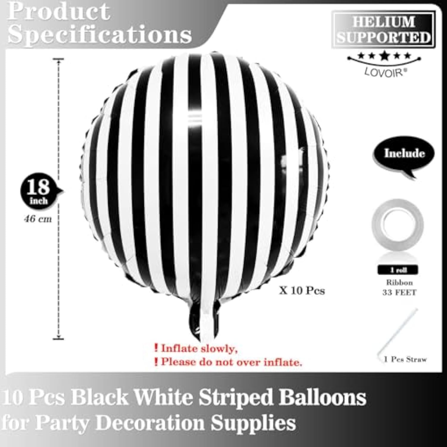 10 Pack 18 Inch Black White Striped Foil Balloons Halloween Party Decorations