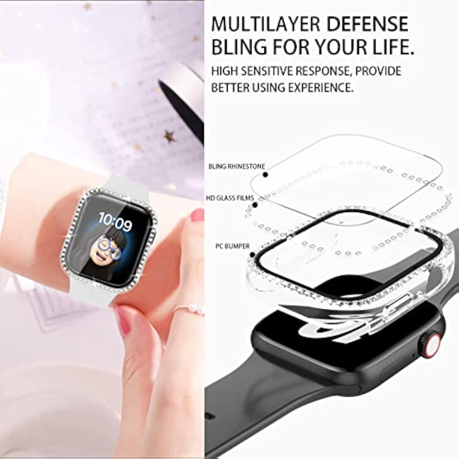 4 Pack Bling Case For Apple Watch Series 9/8/7 41Mm, Glitter Rhinestone Diamonds Protective Case With Tempered Glass Screen Protector Cover For Iwatch 41Mm Women