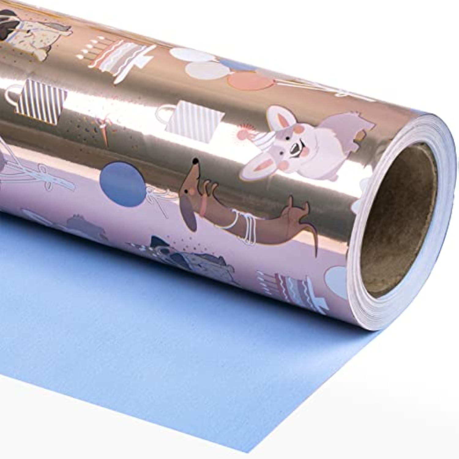Reversible Birthday Wrapping Paper - Mini Roll - 17 Inch X 33 Feet - Adorable Dogs With Metallic Foil Shine And Solid Blue For Birthday, Party, Baby Shower