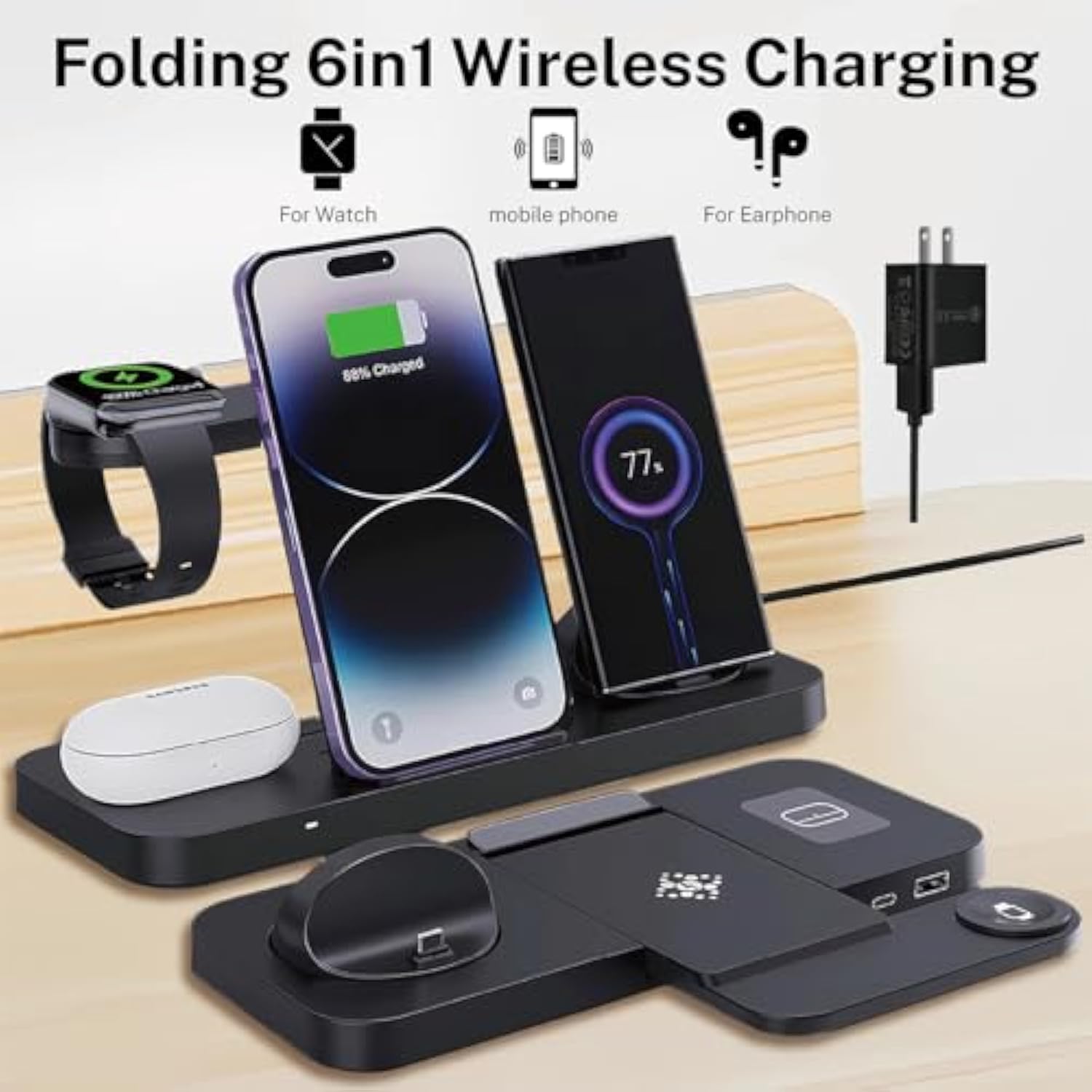 6-In-1 Fast Wireless Charging Station For Iphone 16/15/14/13, Apple Watch Ultra/9/8, Airpods Pro,18W Qi-Certified (With Qc3.0 Adapter)