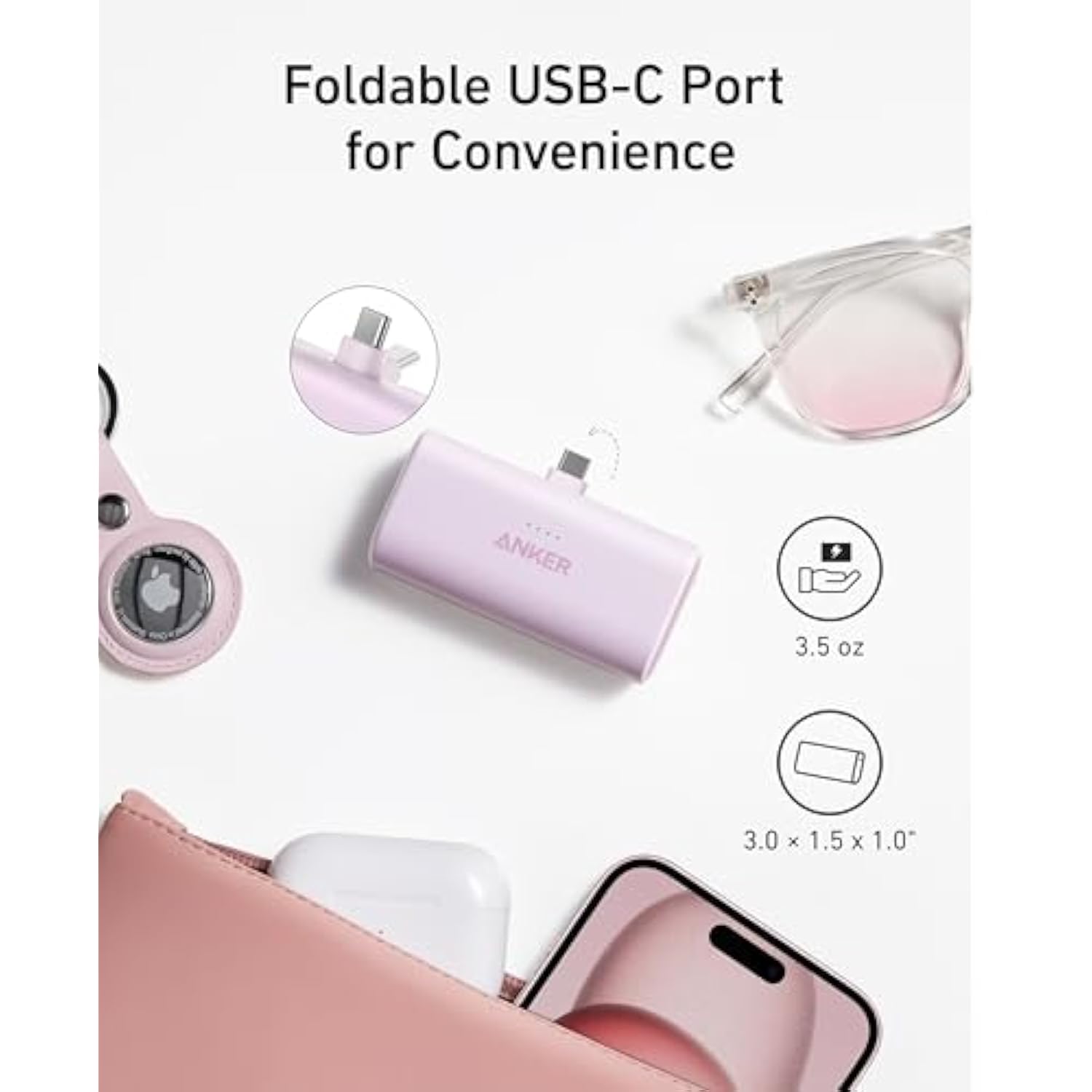 5,000mAh Nano Power Bank with Foldable USB-C, 22.5W Fast Charger for iPhone