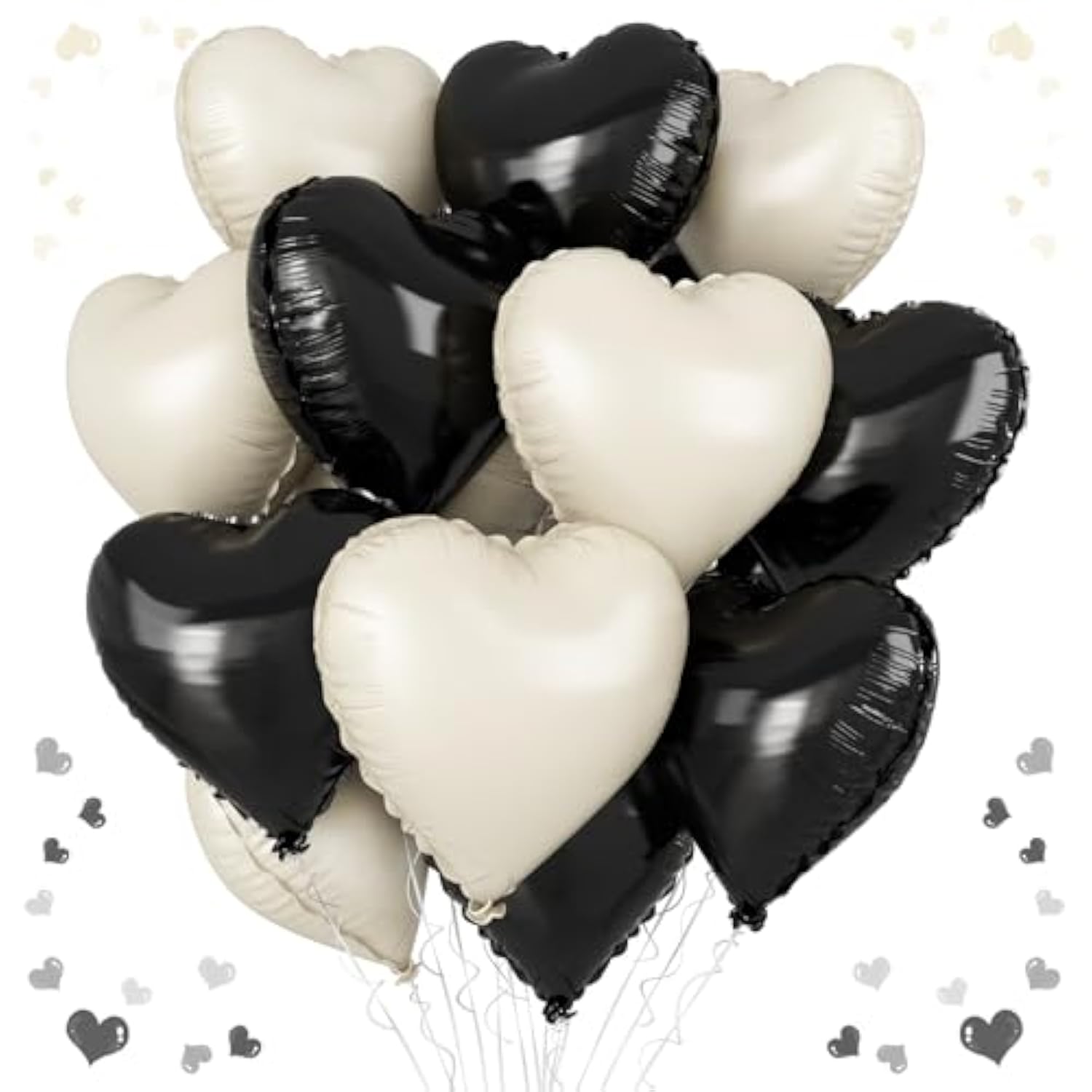 12-Pc Black & White Heart Foil Balloon Set for Weddings & Parties