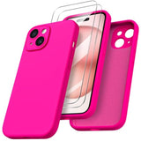 For Iphone 15 Case 6.1 Inch, Shockproof Liquid Silicone Cover With Screen Protectors, Water Resistant Full Body Protective Case-Hot Pink