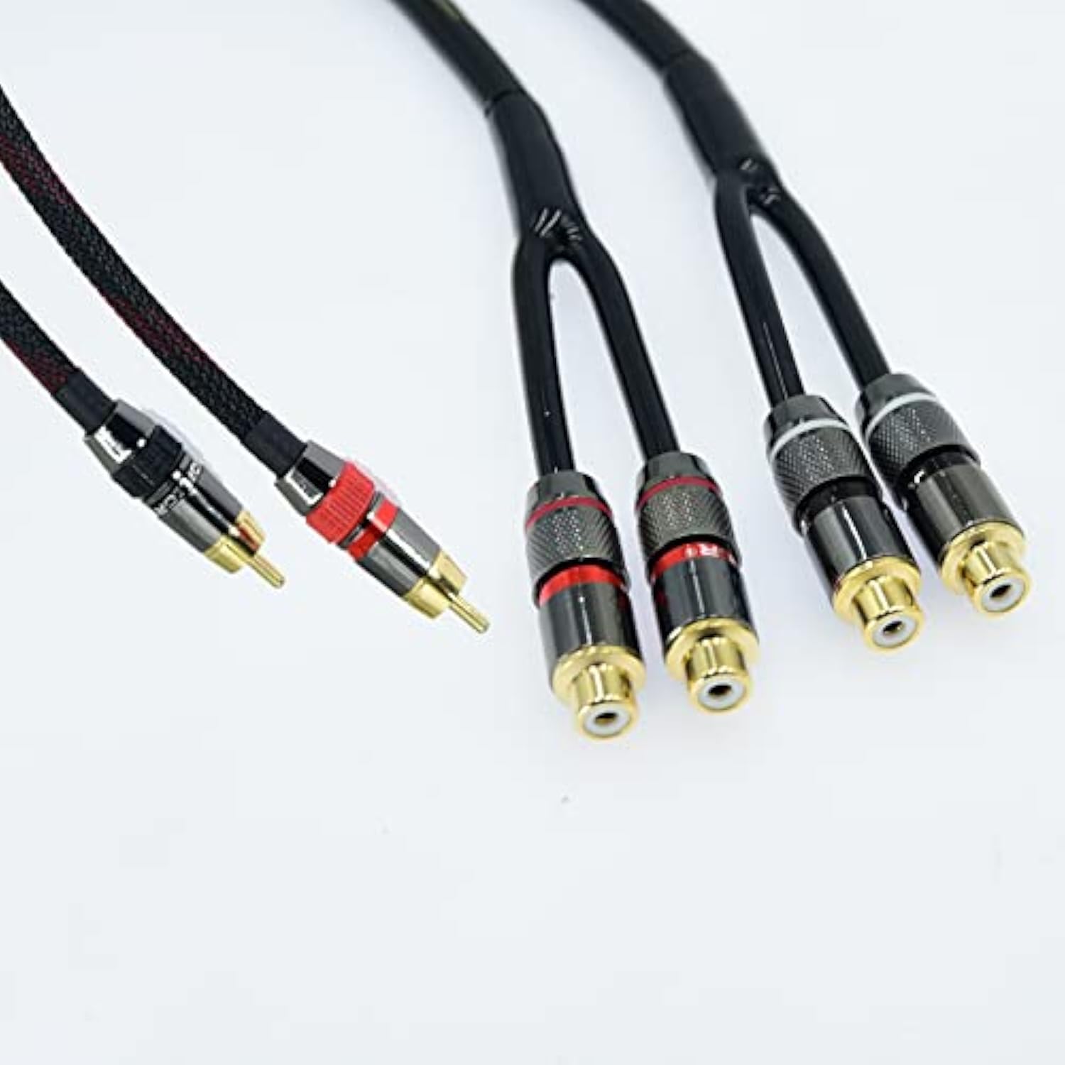1Ft Shielded Rca Splitter Subwoofer Stereo Audio Video Cable 1 Male To 2 Female Dual Speaker Y Adapter Connector Extension Cord 24K Gold Plated(2 Pack)