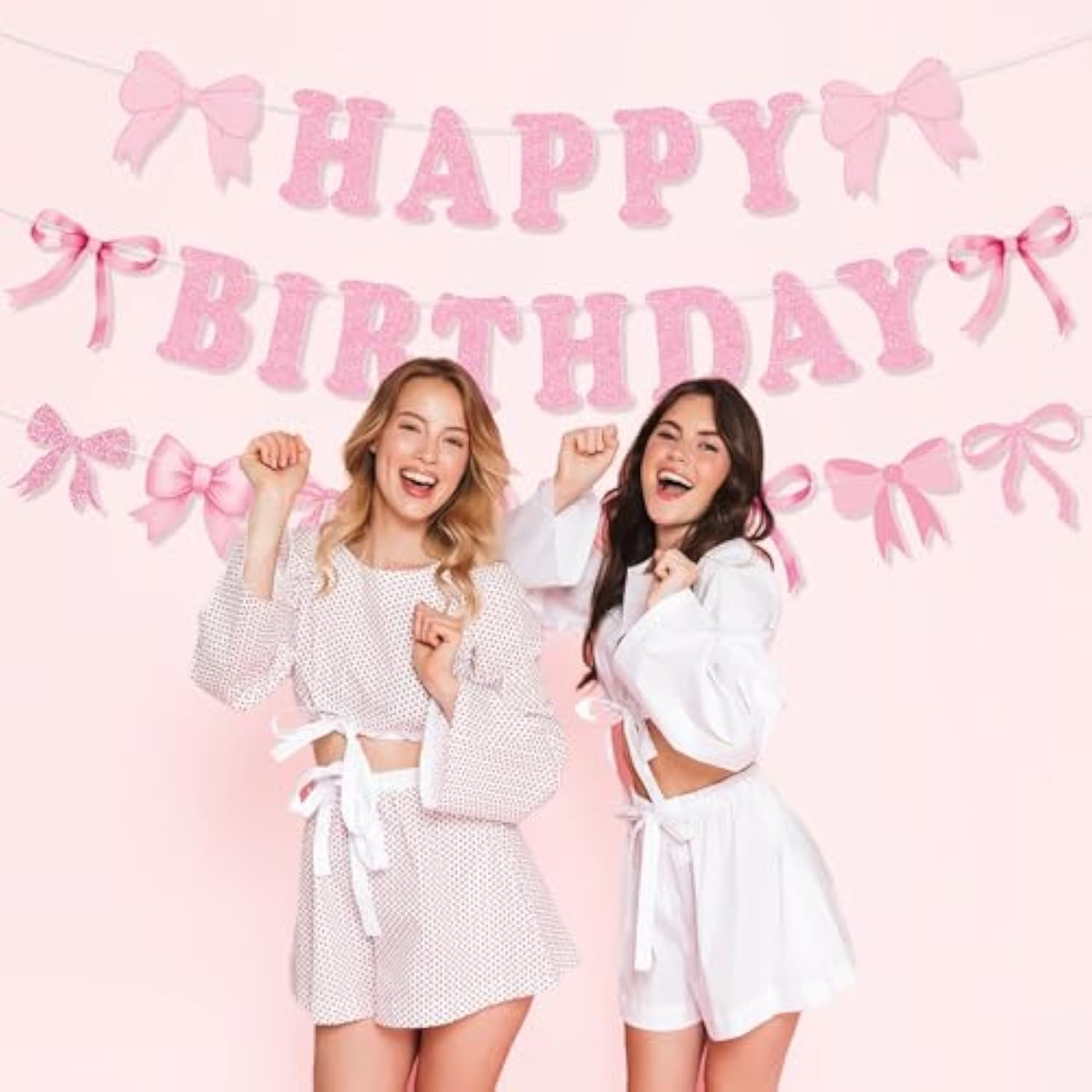Pink Bow Happy Birthday Banner, Pink Bows Garland Banner Coquette Birthday Party Decorations For Girls Women Baby Showers Bow Theme Party