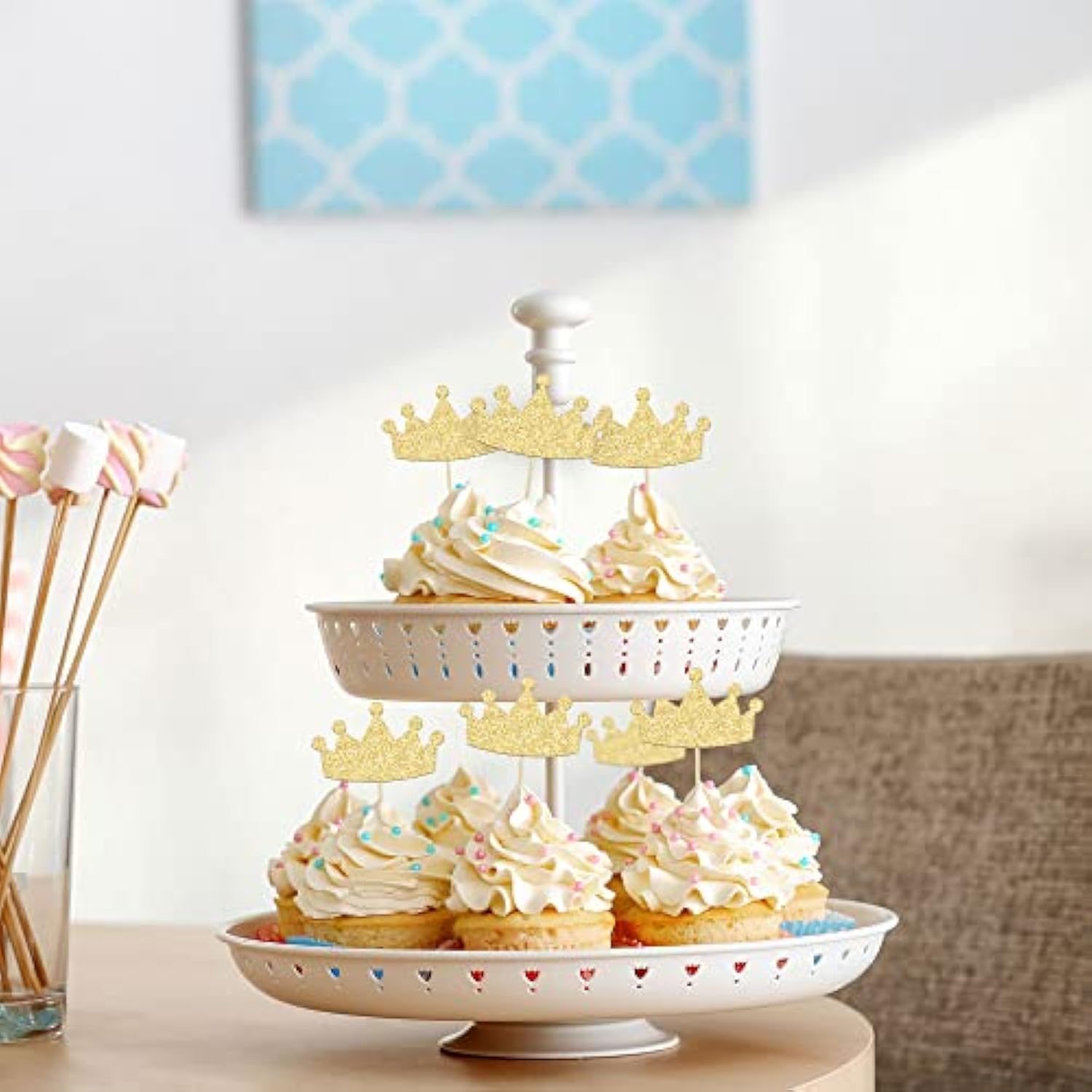 24Pcs Gold Crown Cupcake Toppers – Glitter Picks for Princess, Baby Shower & Birthday Decor