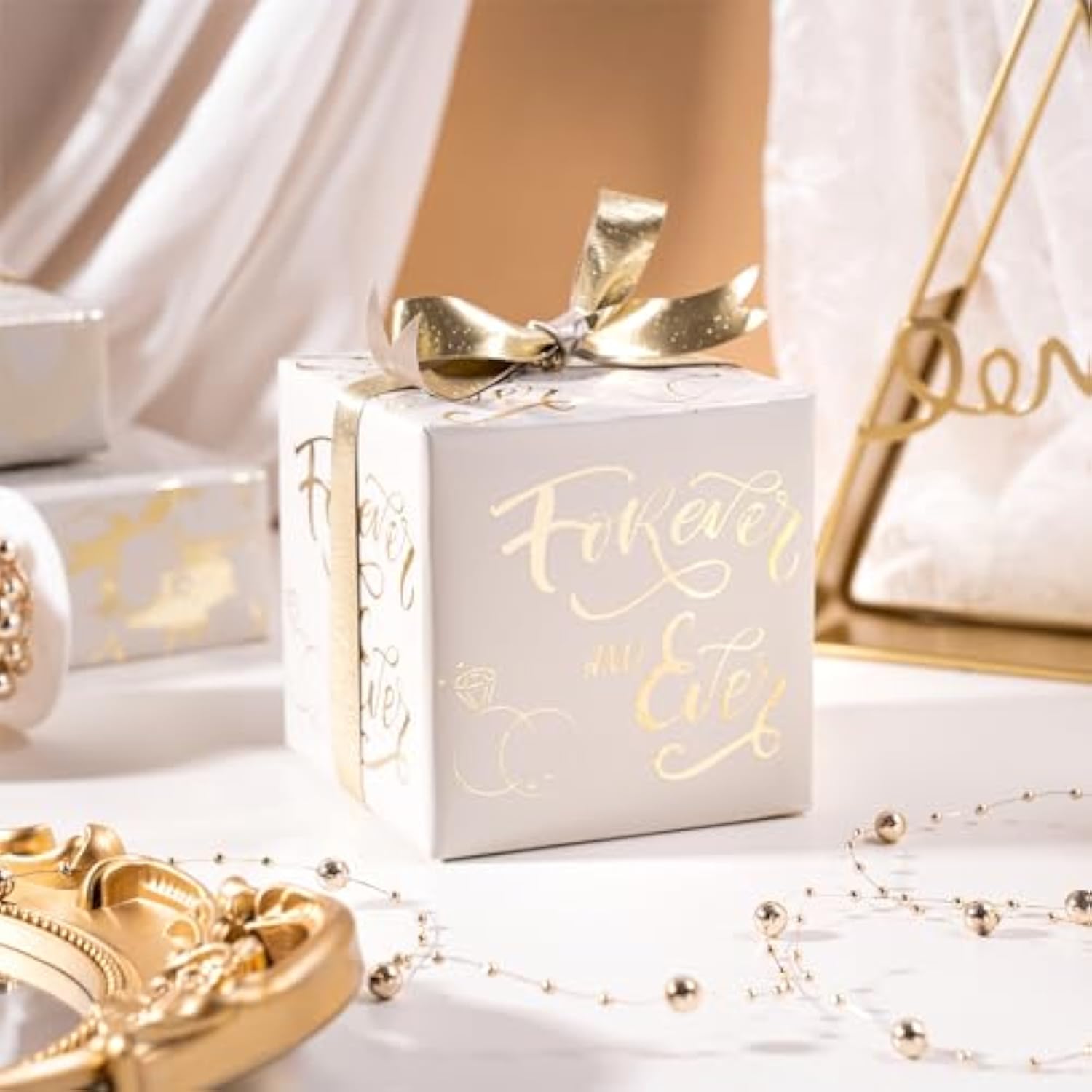 Gold Wedding Wrapping Paper Roll, Gold Flower, Love Heart, Ring & Forever And Ever Lettering Design For Wedding, Engagement, Bridal Shower, Anniversary, Mini Roll, 17 X 120 Inches, 3 Rolls