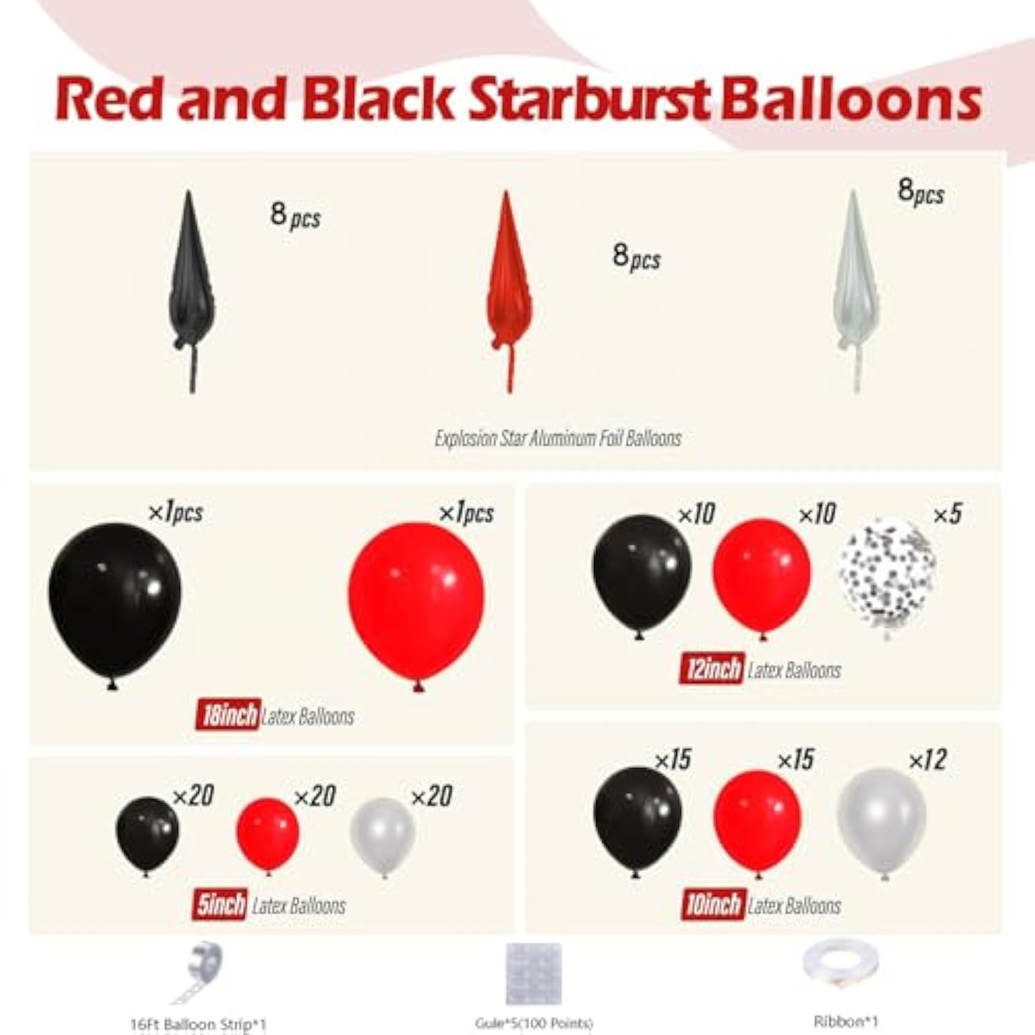 161Pcs Red And Black Balloon Arch Kit With Explosion Star Balloons, 5/10/12/18In Red/Black And Metallic Silver Balloons Garland Kit For Birthday Prom Graduation Party Decorations