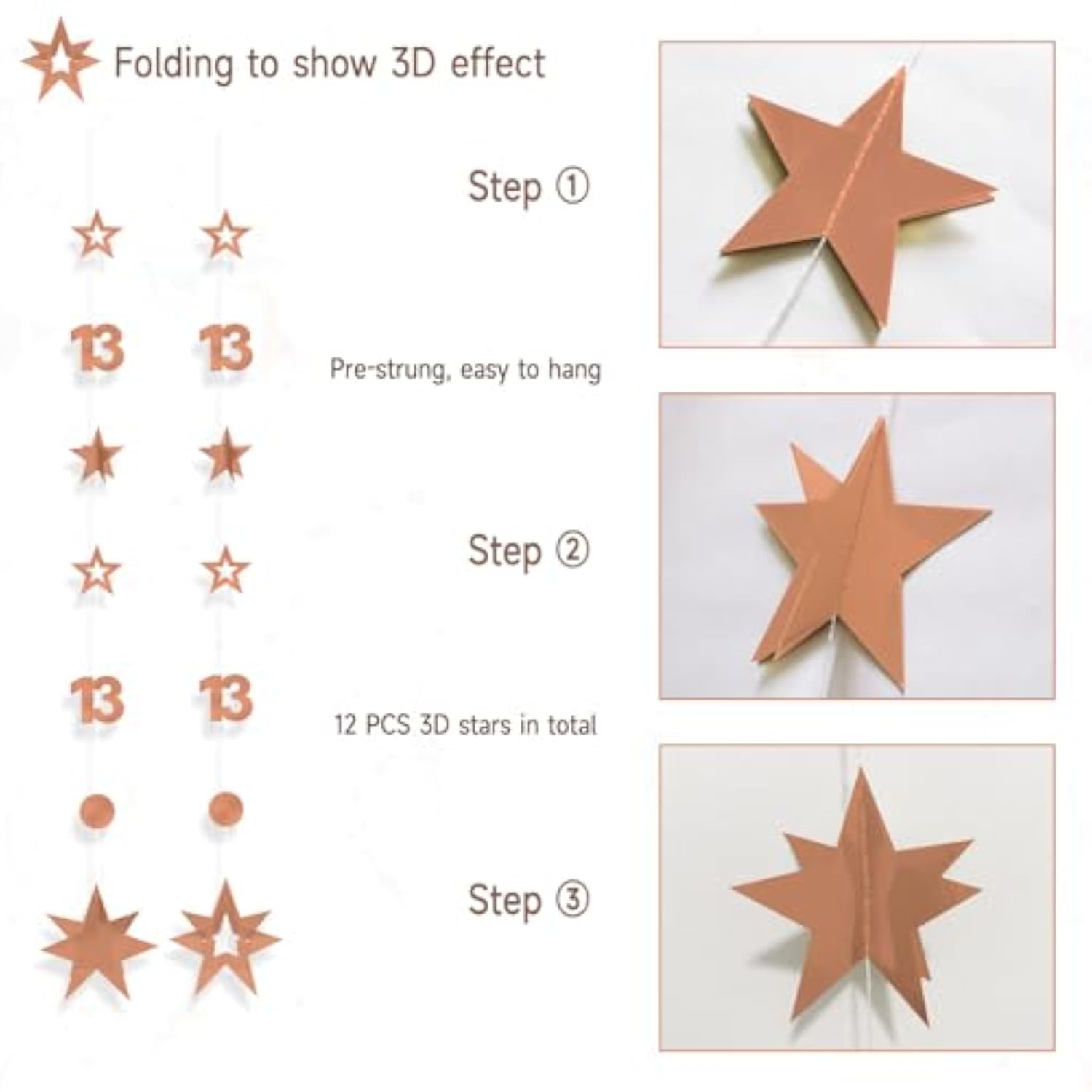Rose Gold 13Th Birthday Decorations For Girls, 8 Pcs Number 13 Circle Dot 3D Star Metallic Hanging Streamer Happy 13 Year Old Birthday Banner Backdrop Thirteen Anniversary Party Supplies
