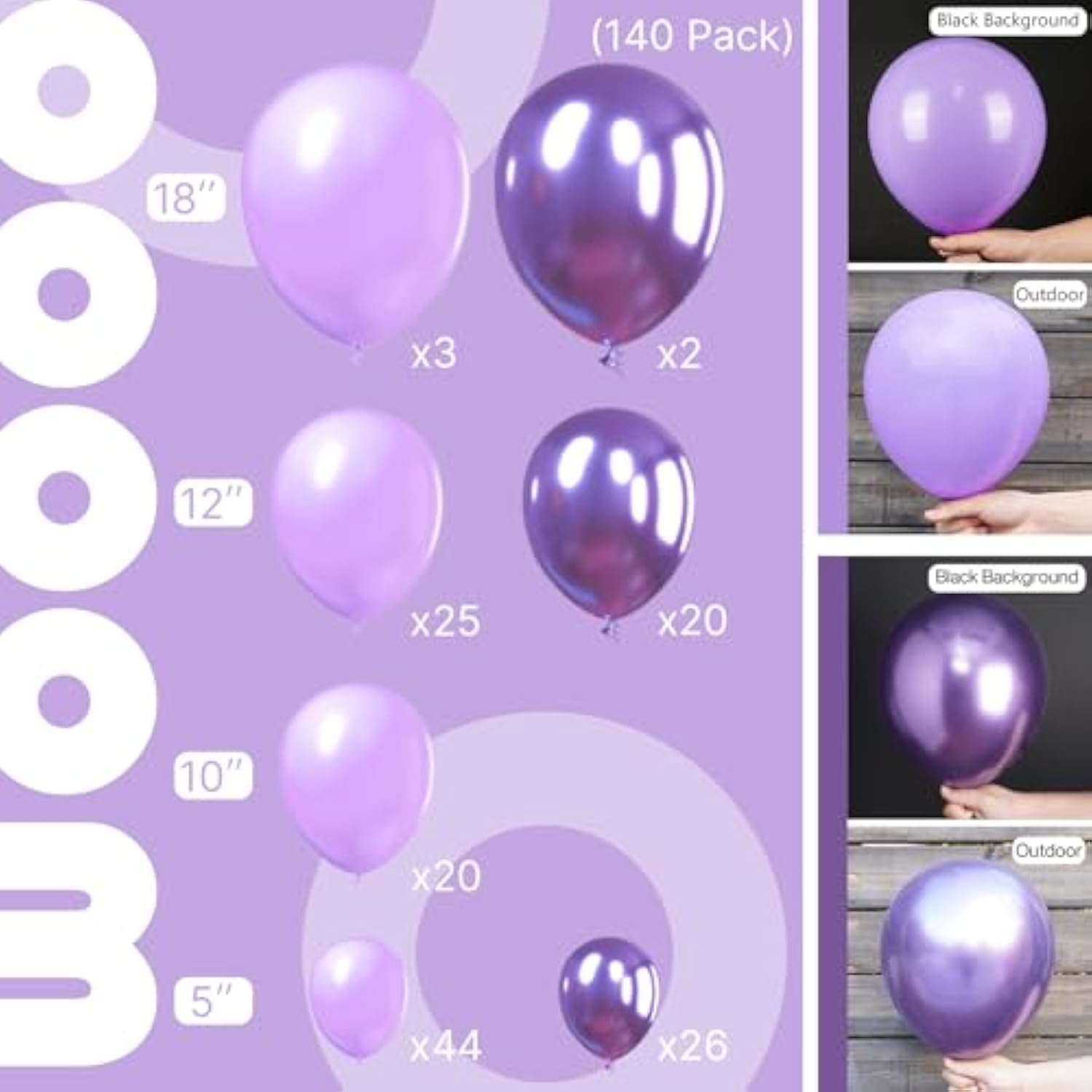 Purple Balloons, 142 Pcs Lilac And Metallic Purple Balloons Different Sizes Pack Of 18 Inch 12 Inch 10 Inch 5 Inch For Balloon Garland Balloon Arch As Birthday Decorations, Party Decorations